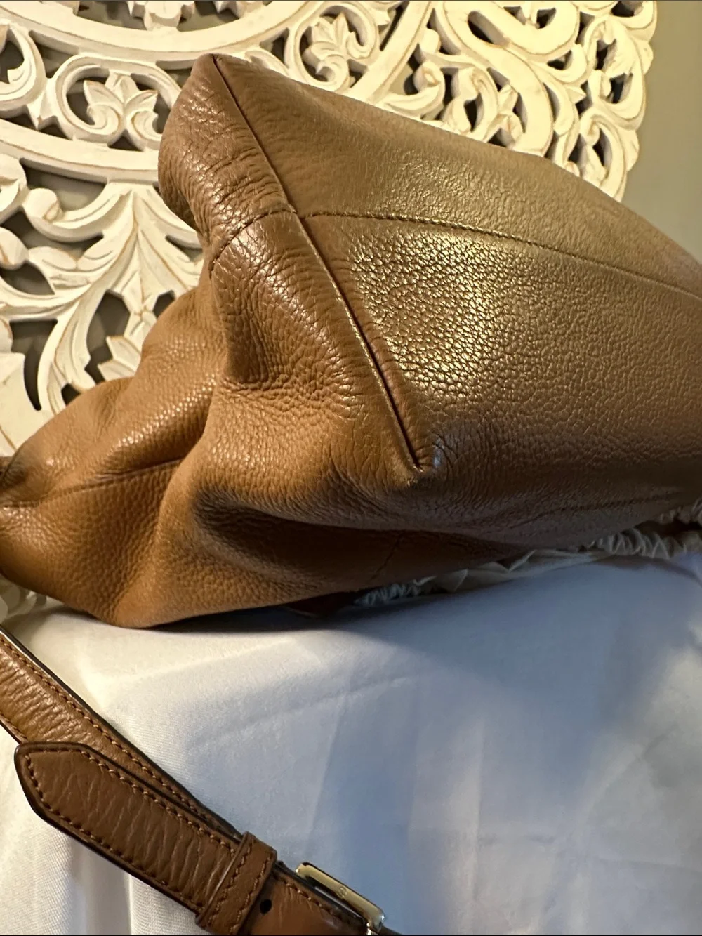 Tory Burch Tan Pebbled Leather Satchel with Front Pocket